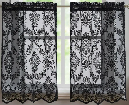 Miniatura 24 de ASATEX Par de 2 paneles de cortina de encaje negro de tamaño mediano de 54 pulgadas de ancho x 84 pulgadas de largo, con hermoso bordado de flores.