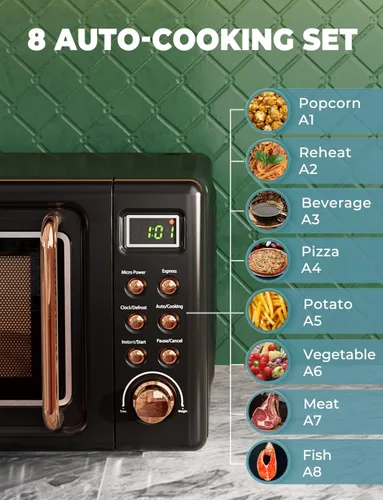 Miniatura 4 de SIMOE - Horno de microondas compacto, microondas retro para encimera, 0.7 pies cúbicos, 700 W con 8 juegos de cocción automática (negro)