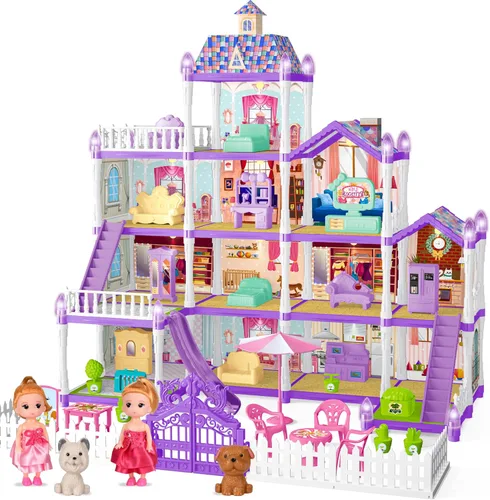 Miniatura 8 de Seifar Juego de casa de muñecas para niños y niñas, 4 pisos, 13 habitaciones, 2 muñecas y 2 cachorros, muebles y accesorios para niñas de 5, 6, 7, 8