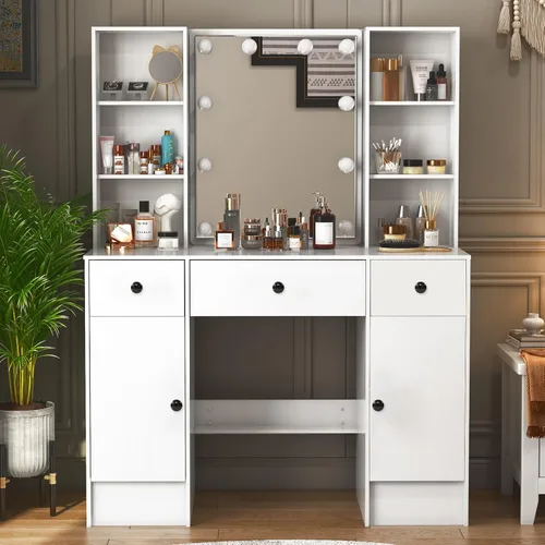 Miniatura 13 de Espejo de tocador con luces, escritorio y silla, 5 cajones y gabinete, mesa de maquillaje con espejo grande HD, 3 modos de iluminación, mesa