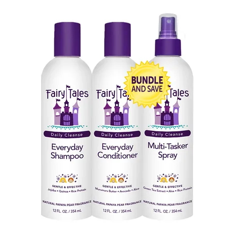 Fairy Tales Daily Cleanse Everyday Kids - Juego de champú, acondicionador y aerosol para niños, definición natural suave, sin enredos, hidratante +