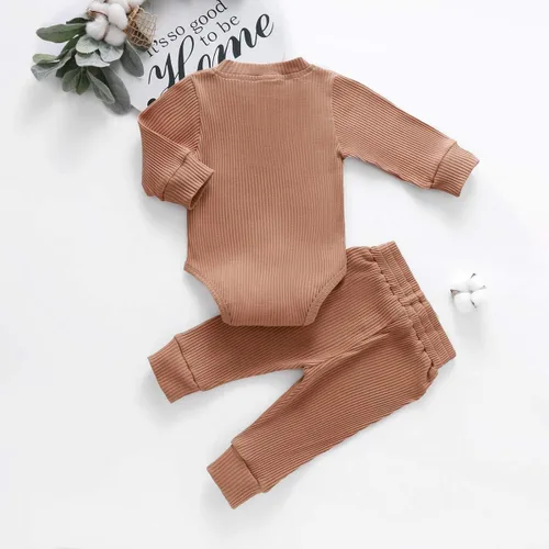 Miniatura 7 de Ropa de punto acanalado de algodón para bebés, niñas y niños, recién nacidos enterizo de manga larga, pantalones largos unicolor, atuendos de otoño