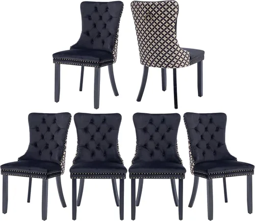 Miniatura 57 de Juego de 2 sillas de comedor de terciopelo, silla de comedor tapizada de alta gama con tirador de anillo en la espalda, adorno de clavos y patas