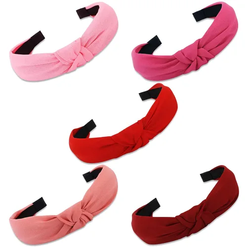 VELSCRUN - 5 diademas anchas con nudo tipo turbante estilo boho - Accesorios elásticos para el cabello para mujeres y niñas, rosa, rojo