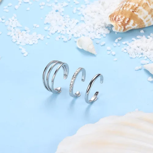 Miniatura 5 de Udalyn - Juego de 3 anillos de plata de ley 925 para mujer, ajustable, anillo de dedo para pies, hipoalergénico, anillo abierto