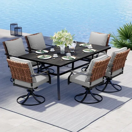 Miniatura 23 de Grand patio Juego de comedor de exterior de 5 piezas, 4 sillas de patio giratorias de mimbre con aspecto de cuero y 1 mesa de comedor cuadrada