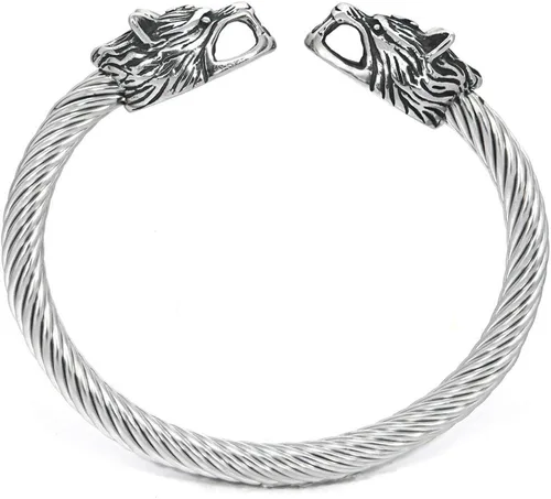 BAVIPOWER Pulsera de acero inoxidable con cabezas de lobo nórdico Fenrir Odin Raven Dragón Serpiente de acero inoxidable fuerte Pagan Jewelry