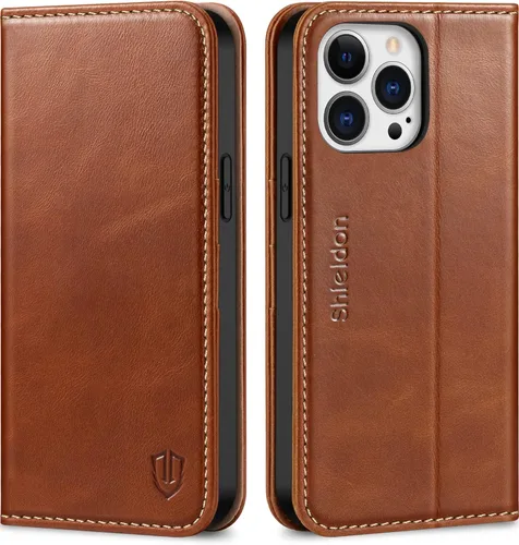 SHIELDON Funda para iPhone 13 Pro Max 5G, cartera de cuero genuino tipo folio magnética con amortiguación de golpes, bloqueo RFID, tarjetero, Marrón