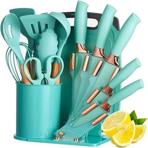 Miniatura 11 de Juego de utensilios de cocina y cuchillos de cocina de 19 piezas con bloque de soporte, incluye 11 utensilios de cocina de silicona, 5 cuchillos