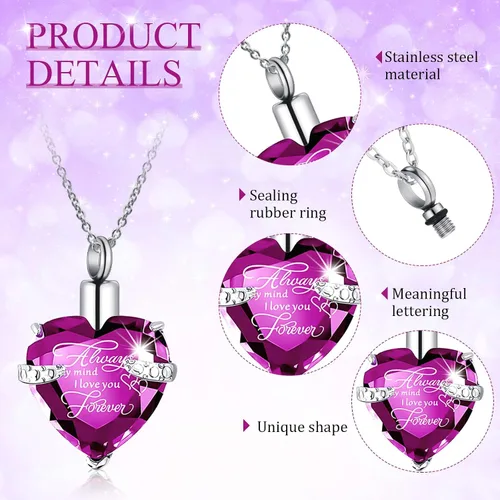 Miniatura 17 de 16 piezas de collar de urna para cenizas, medallón de cenizas talladas de acero inoxidable impermeable con 8 kit de relleno, cilindro de corazón