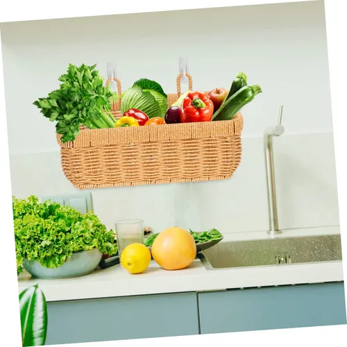 Miniatura 8 de Cesta de cebolla colgante tejida a mano, contenedor de almacenamiento de pared para despensa del hogar, cesta decorativa de almacenamiento
