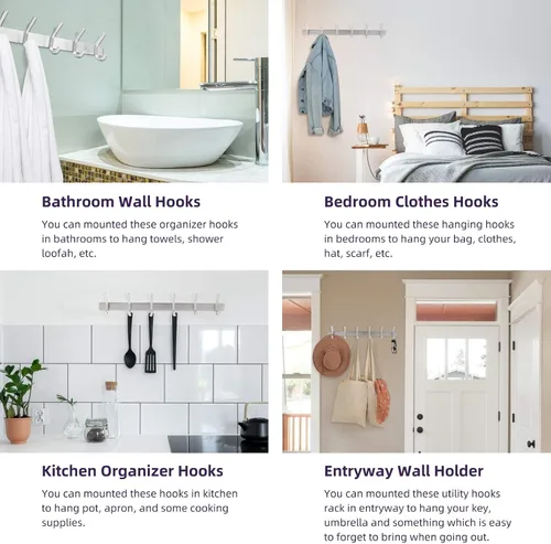 Miniatura 2 de Perchero montado en la pared, toalleros plateados de acero inoxidable con 4 ganchos para baño, cocina, puerta de dormitorio