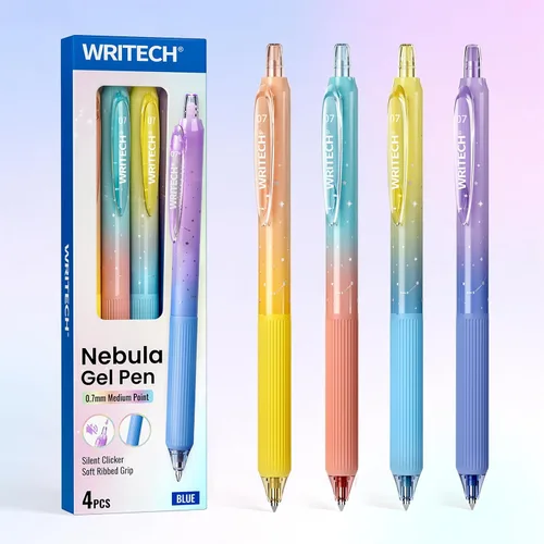 Miniatura 10 de WRITECH Bolígrafos de gel de punta fina: 1.0mm tinta negra retráctil 4 unidades escritura suave con barril de color degradado estético para diario