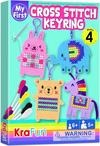 KRAFUN Kits de Punto de Cruz para Niños Principiantes, 4 Llaveros de Punto de Cruz Artes y Manualidades con Animales, Unicornio, Kit de Bordado