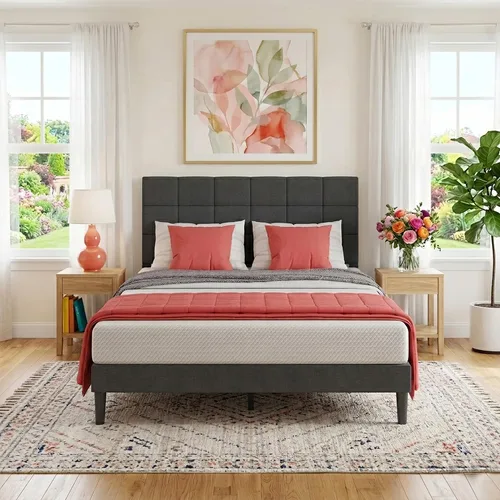Miniatura 9 de PayLessHere Base de cama tapizada de plataforma completa con cabecera de tela y soporte de listones de madera, totalmente tapizado, no necesita Gris