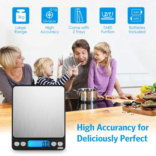 Miniatura 2 de Amir balanza digital de cocina de acero inoxidable con pantalla LCD, pesa hasta 3000 g, 0.1 g resolución, ideal para regalos de Navidad., Negro