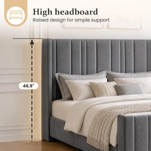 Miniatura 4 de HOMBCK Marco de cama tamaño matrimonial, plataforma tapizada en terciopelo, con cabecero y estribo de canal vertical, listones de madera, sin ruido