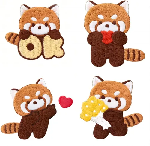 Parche bordado de panda rojo de dibujos animados, autoadhesivas, parches de mapache pequeño, calcomanías de tela para bordar sin costura para ropa, 2