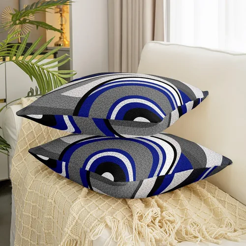 Miniatura 3 de Juego de 4 fundas de almohada geométricas reversibles para exteriores de 16 x 16 pulgadas, diseño geométrico de rayas azules, negras y grises, juego
