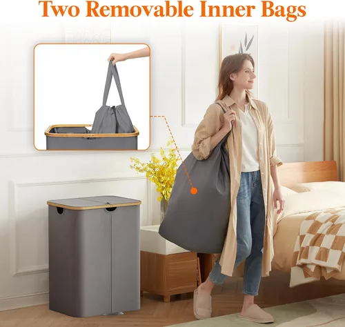 Miniatura 3 de Lifewit Cesto doble para ropa sucia de 150L con tapa, cesta grande dual para ropa sucia con bolsas removibles, 2 secciones estéticas de cestos