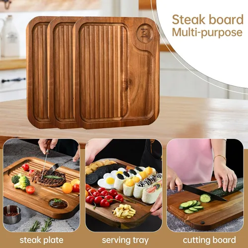 Miniatura 4 de Platos de bistec de madera de acacia, tabla de cortar carnívora para comer, plato de carne tallado de madera, bandeja para servir alimentos, tabla