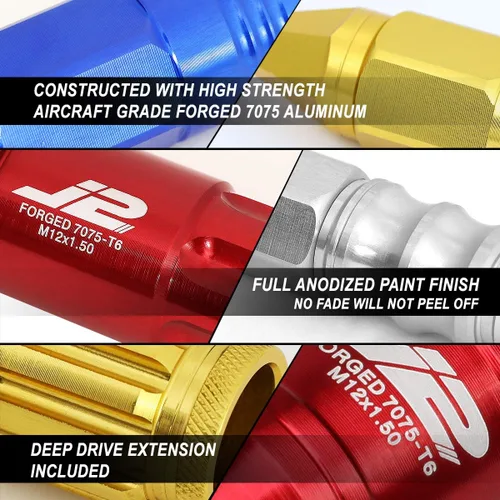 Miniatura 2 de J2 Engineering 7075-T6 Aluminio M12 x 1.25 20Pcs 2.953 in Alto Spiky Cap Lug Nut w/Adapter Rojo