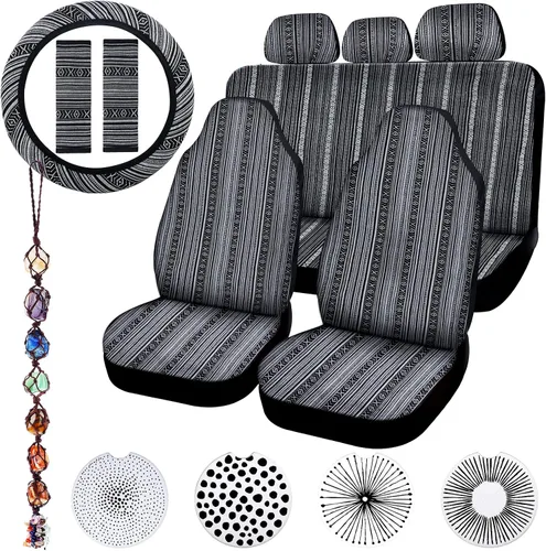 Miniatura 8 de Frienda 14 piezas de fundas para asientos de coche, juego completo multicolor con estampado de rayas estilo boho, funda para volante, funda