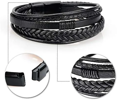Miniatura 6 de Arcutina Pulsera trenzada marrón casual de cuero negro para hombre