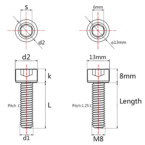 Miniatura 2 de Tornillos de titanio Ti M8 x15 20 25 30 35 40 45 50 60 2.756 in 0.049 in de paso hexagonal Allen Tornillos de cabeza hueca paquete de 4