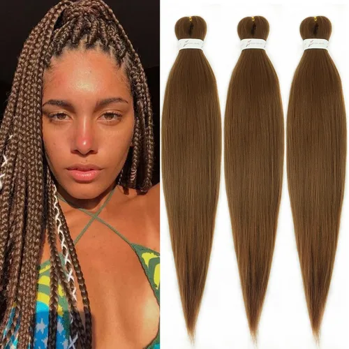 Miniatura 26 de Cabello trenzado marrón preestirado de 30 pulgadas, 3 paquetes de cabello trenzado preestirado de color 30 EZ, textura Yaki, extensiones de cabello