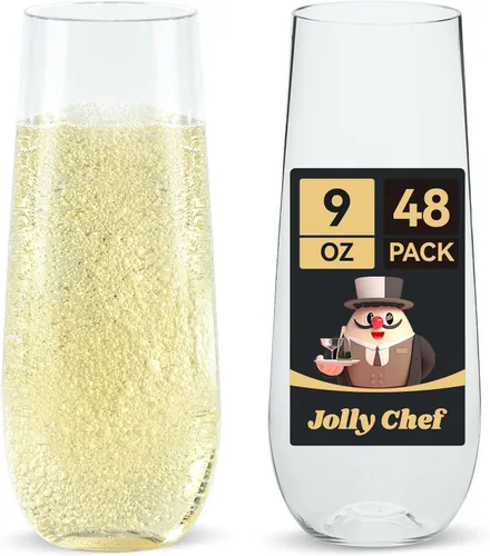 JOLLY CHEF Paquete de 48 copas de champán de plástico sin tallo de 9 onzas, vasos de plástico transparente sin tallo, vasos desechables irrompibles,