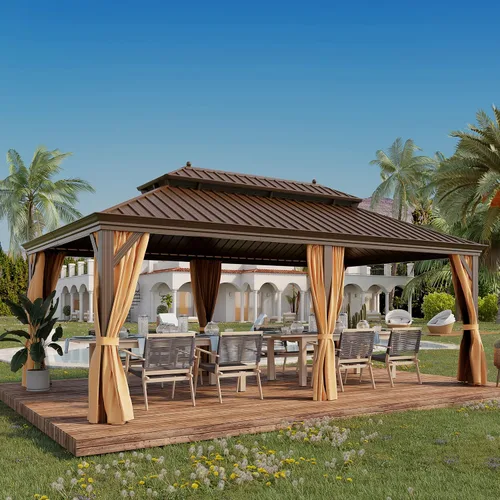 Miniatura 11 de Cenador de techo rígido de 12'x16', Cenador de patio de aluminio para exteriores con toldo de acero galvanizado de doble techo con malla y cortinas