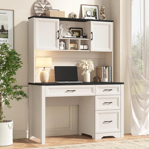 Miniatura 14 de Halitaa Escritorio ejecutivo de granja con cajones, escritorio de madera para computadora con amplio cajón de archivos, escritorio rústico