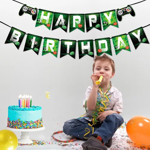 Miniatura 7 de WERNNSAI Cartel de cumpleaños del juego – Suministros de fiesta de videojuegos, guirnalda de banderines de feliz cumpleaños para niños, niños