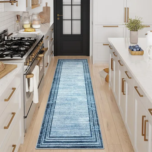 Miniatura 81 de Alfombra de pasillo moderna abstracta Lahome, alfombra lavable turquesa de 2 x 6 pulgadas para entrada, alfombra antideslizante de bajo pelo