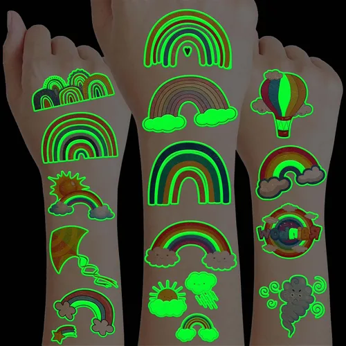 Miniatura 9 de 100 tatuajes temporales coloridos para niños y adultos, calcomanías falsas de neón arco iris, recuerdos de fiesta de cumpleaños
