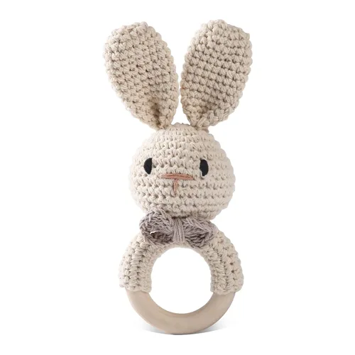Juguete de madera hecho a mano con sonajero de conejo de Pascua para bebés de 0 a 6 meses, animal de peluche orgánico para recién nacido