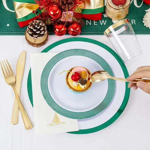 Miniatura 8 de Ciaell 175 platos de plástico de Navidad, los juegos de platos de plástico blanco y verde incluyen 25 platos de cena, 25 platos de postre, 25