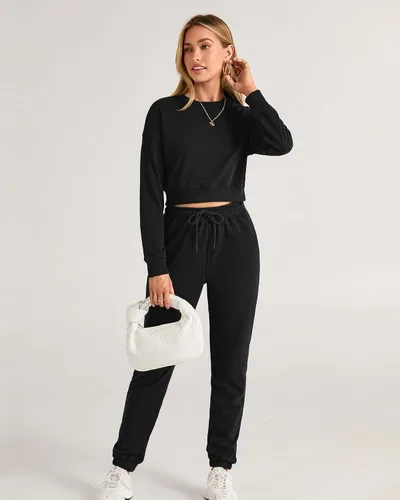 Miniatura 65 de BTFBM Conjunto deportivo de 2 piezas para mujer, camiseta corta de manga larga, sin botones, pantalón con cordón ajustable, pantalones deportivos