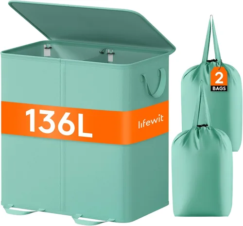 Miniatura 29 de Lifewit Cesta de lavandería doble con tapa y bolsas de lavandería extraíbles, gran plegable, 2 divisores, cesta de ropa sucia con asas para Negro