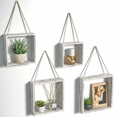 J JACKCUBE DESIGN MK571C - Estantes cuadrados flotantes para colgar en la pared, estantes de madera rústica, cajas de sombra, decoración bohemia del