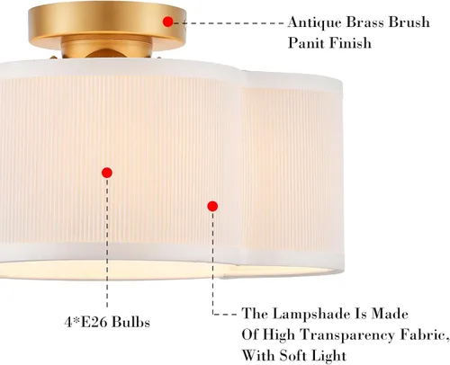 Miniatura 5 de VILUXY Luces de techo semiempotradas doradas, lámpara de techo moderna de 4 luces con pantalla de tela plisada blanca en pantalla de flores, lámpara