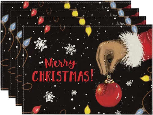 Artoid Mode Juego de 4 manteles individuales con diseño de bola de Navidad, 12 x 18 pulgadas, color negro, para decoración de fiestas, cocina,