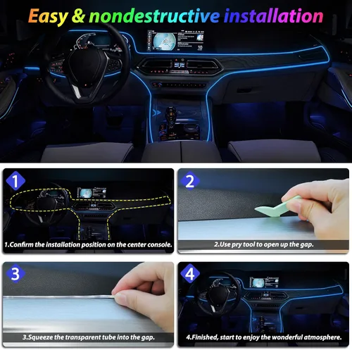 Miniatura 5 de Tira de luces LED para coche, luces interiores del coche, kit de iluminación LED ambiental con RGB de 16 millones de colores de fibra óptica y ritmo