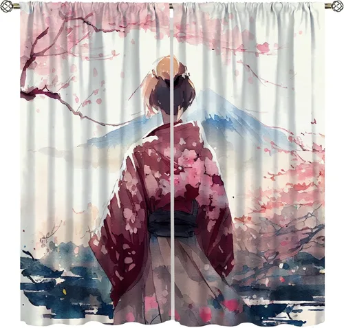 Miniatura 15 de Cortinas de geisha japonesas, flores rosas, ramas de árbol, sexy, glamour, para mujer, encantador, estética, oriental, con bolsillo para barra