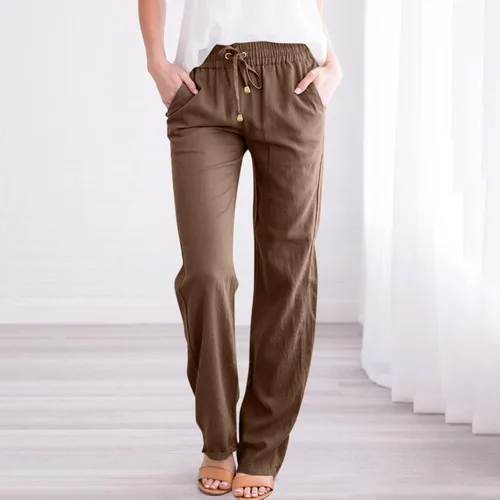 Miniatura 3 de HRSTUYL Pantalones de algodón para mujer, de algodón, con cordón elástico, cintura elástica, pantalones rectos largos y rectos para mujer