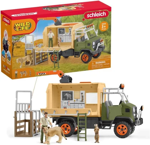Schleich Wild Life - Juego de camión de juguete de rescate de animales de 45 piezas, con figura de acción Ranger Tom, figuras de león y suricata.