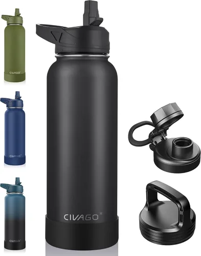 Miniatura 8 de CIVAGO Botella de agua aislada de 22 onzas con pajita, frasco de agua deportiva de acero inoxidable con 3 tapas