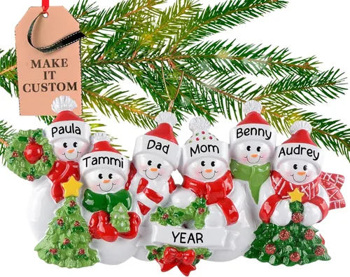 Miniatura 16 de Adorno personalizado para familia de 10 personas 2025 Personalización gratuita en 24 horas Adornos navideños de muñeco de nieve grabados
