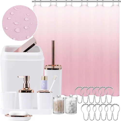 Miniatura 45 de XLHOMO - Juego de baño beige de plástico de 9 piezas, con basurero, dispensador de jabón, portacepillos de dientes, vaso, jabonera, cepillo